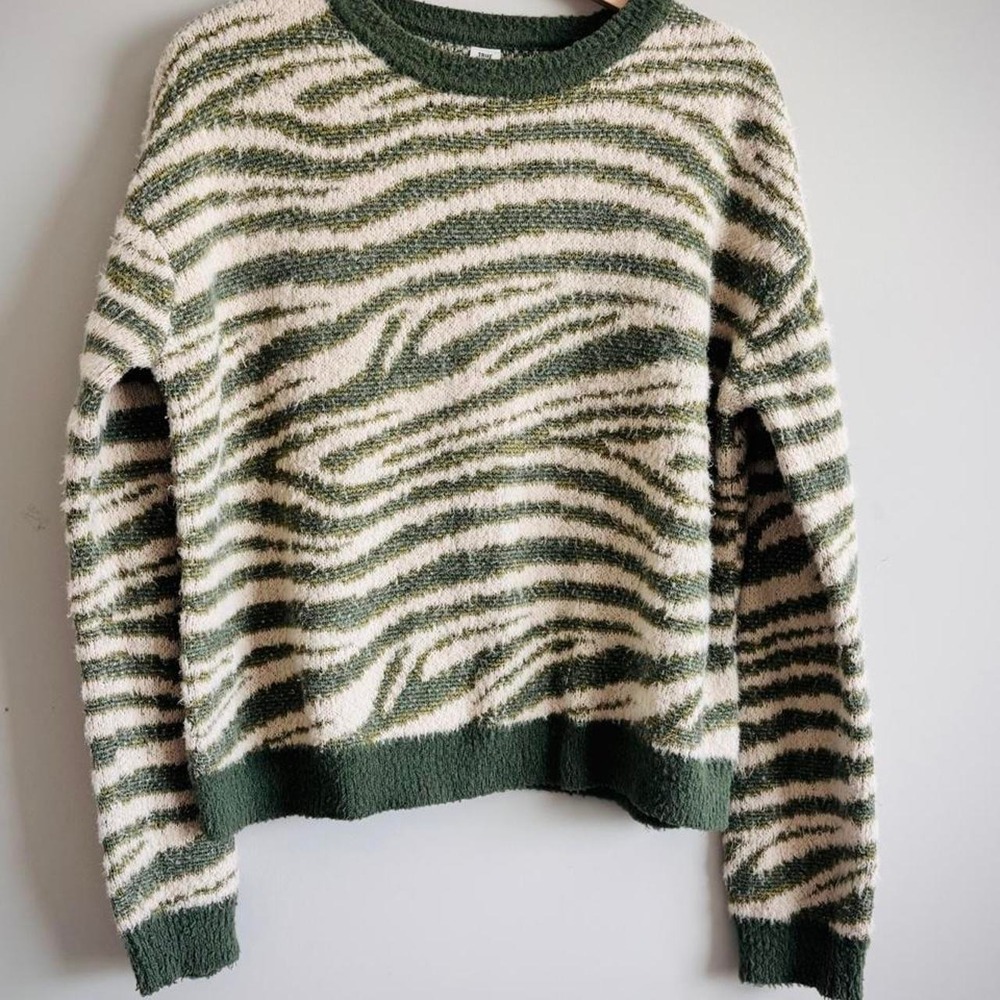 Womens Zebra Print Knit Sweater XL Green Ivory Animal print Retro Pullover